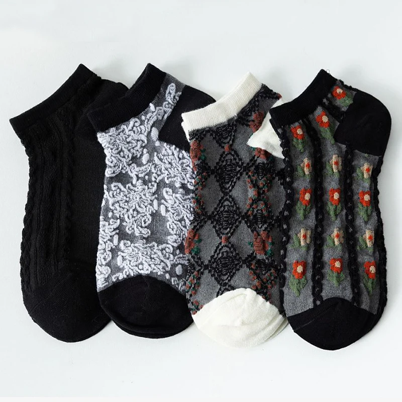 

Korean Women Japan Style Cute Things Black Floral Cool Crew Ankle Socks Girl Harajuku Flower Spring Summer Calcetines Low Cut