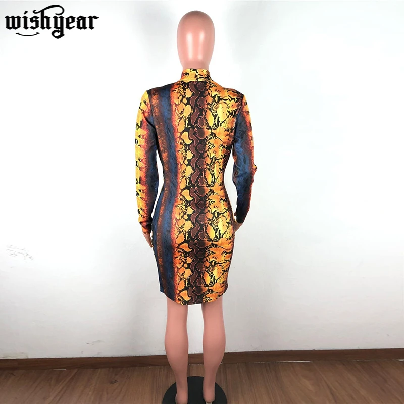 

Snakeskin Print Sexy V Neck Bodycon Dress Long Sleeve Sheath Mini Night Club Party Dresses Female Vestidos
