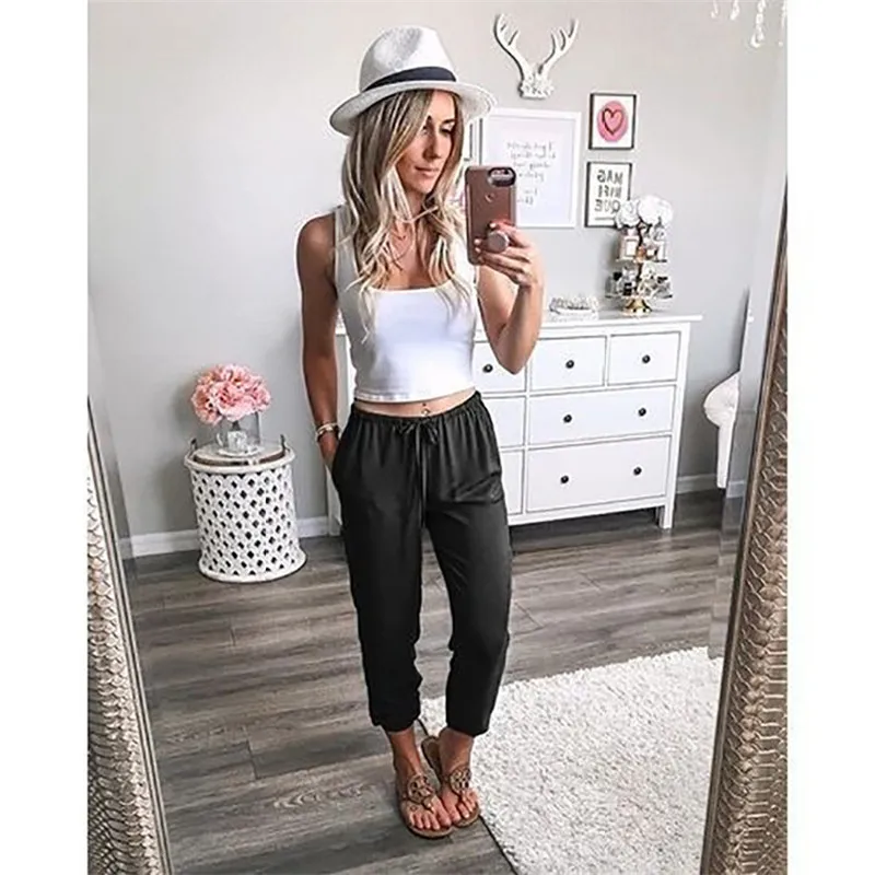 

Trousers Women Drawstring Pockets Sashes Solid Low Pleated Ankle-Length Pants Casual Pantalon Femme Moda Mujer 2019