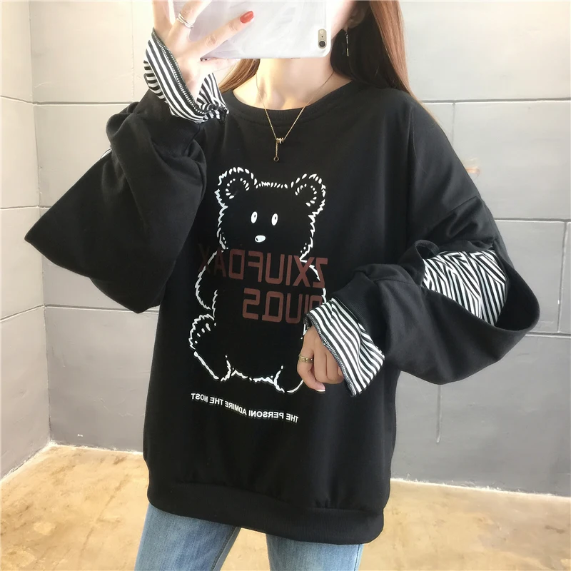 

spring Oversized Hoodies Harajuku Streetwear cartoon Striped patchwork thin sweatshirts Women Autumn Long Sleeve white pullovers