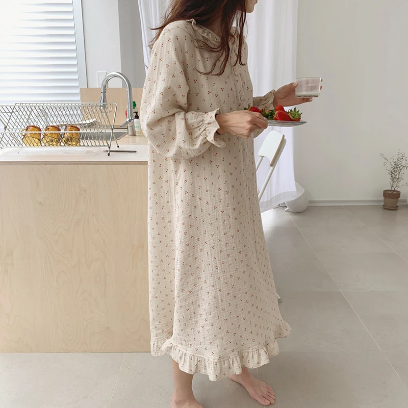 Autumn Ruffle Nightgown Women Cherry Print Sleep Dress Loose Casual Cute Homewear Long Sleeve O-neck Nightdress Sexy Soft S1032