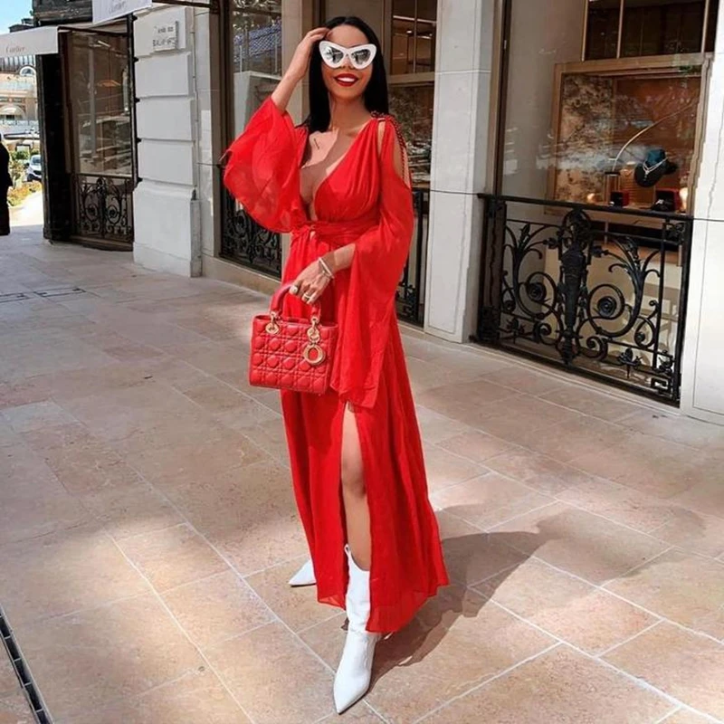 Женское кружевное платье с бантом Beateen Вечернее Платье макси глубоким v-образным