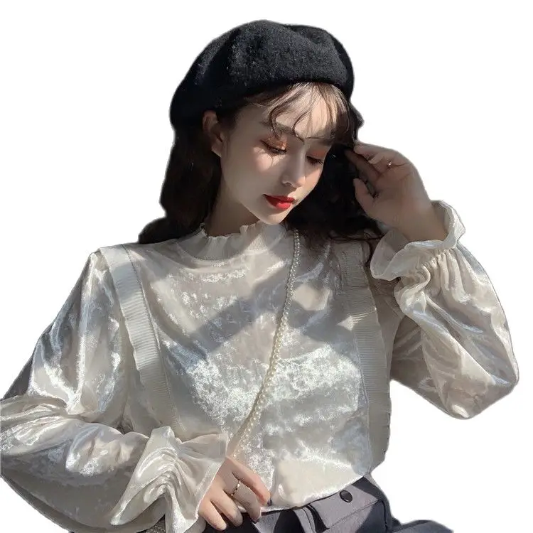 

Shirts Women Loose Stand Collar Puff Sleeve French Temperament Casual Female Blouses Korean Style Autumn Chic All-match Fashion