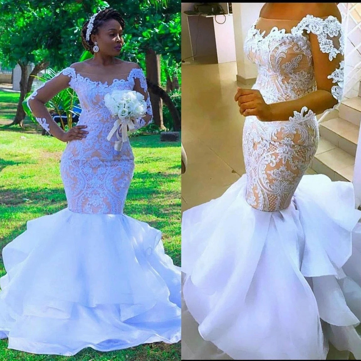 

African Wedding Dresses Nude Lining White Lace mermaid Bridal Gowns Illusion Lonog Sleeve Sheer Neck Vestido De Noiva