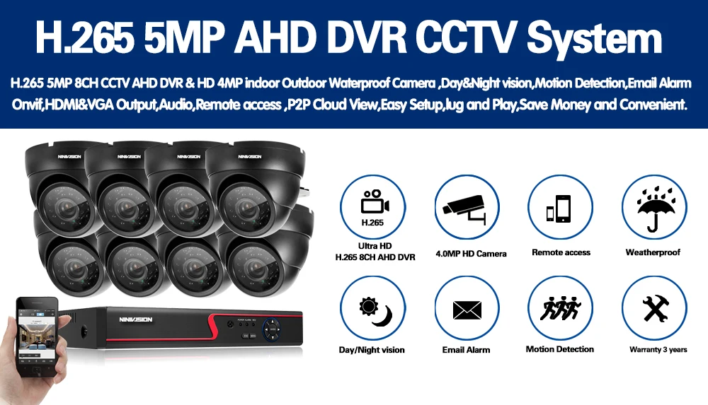H.265 HD 1080P 5MP 8CH CCTV система безопасности AHD DVR комплект 8*4 Мп 2560*1440p камера безопасности для помещений и улицы