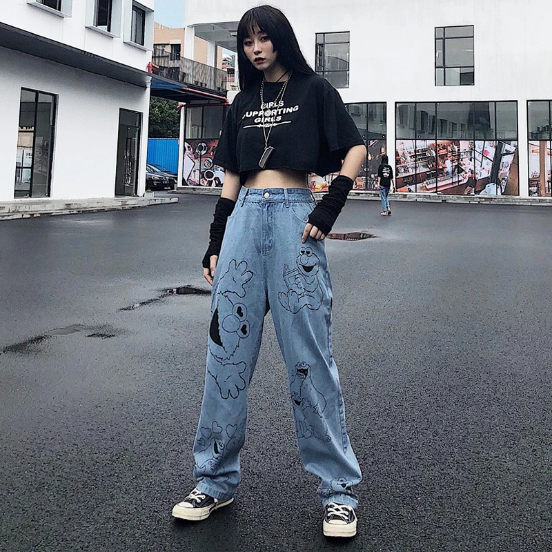 

New Jeans for Women 2019 Autumn Pants Cotton Cartoon Jeans Loose Wide Leg Pants Vintage High Waist Jeans Female Trousers #7220