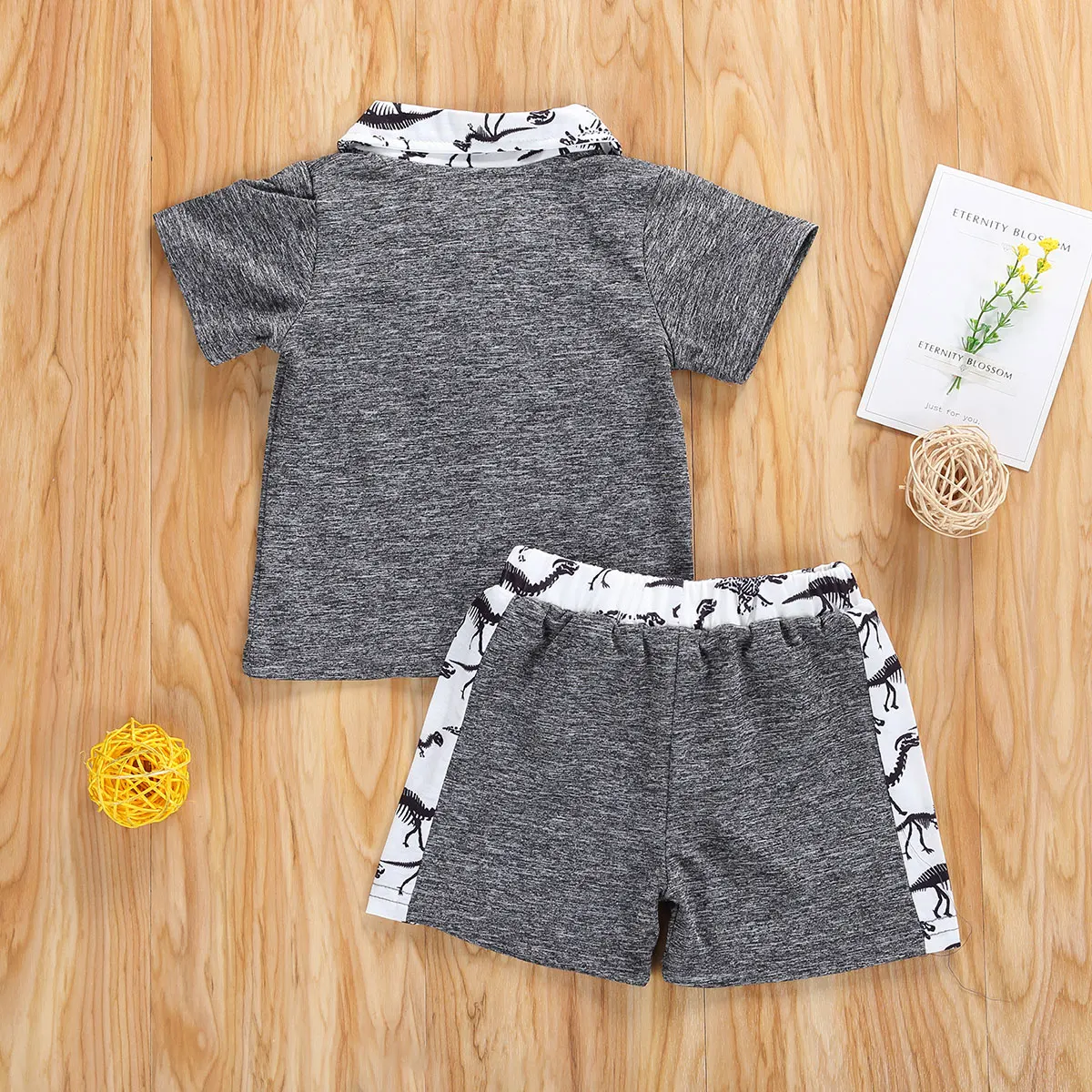 

2Pieces Kids Boy 3M-3T Suit Set Dinosaur Print Turn-Down Collar Short Sleeve T-Shirt and Shorts for Boys