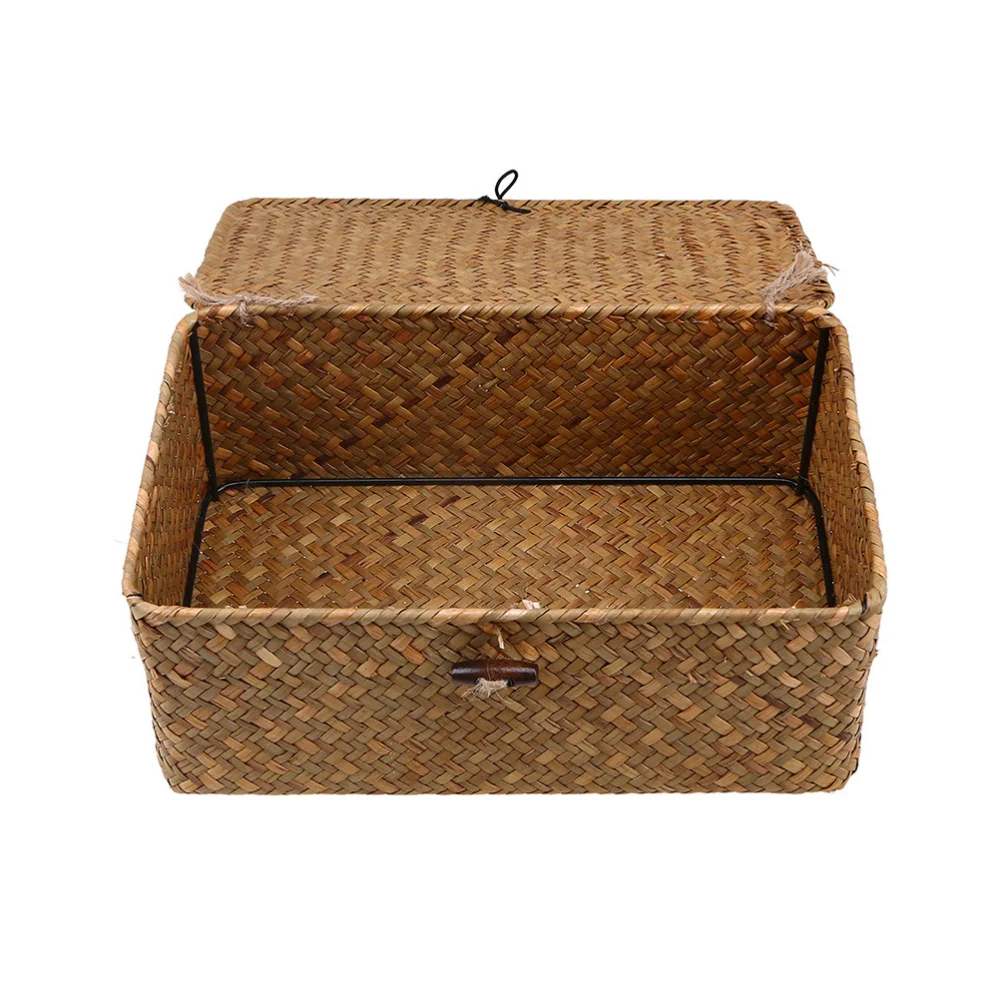 

3pcs New Seaweed With Button Woven Basket Straw Woven Debris Desktop Storage Box Hand-woven Storage Basket - Size S, M,