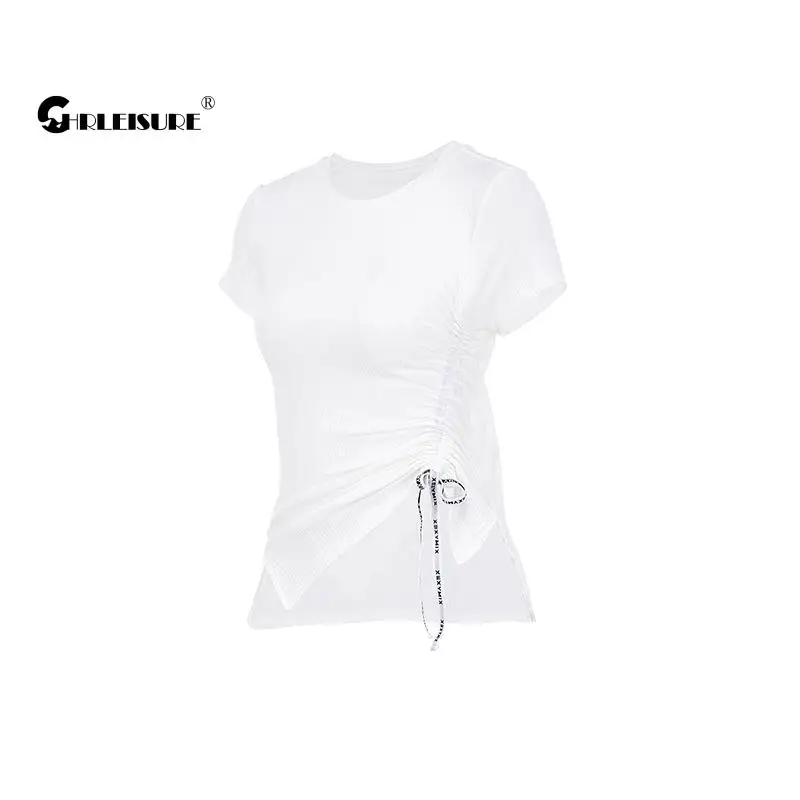 

CHRLEISURE Drawstring Women's T-Shirts Slim Outdoor Running Sports Top Quick Dry Breathable Draw Back Yoga Short Sleeve