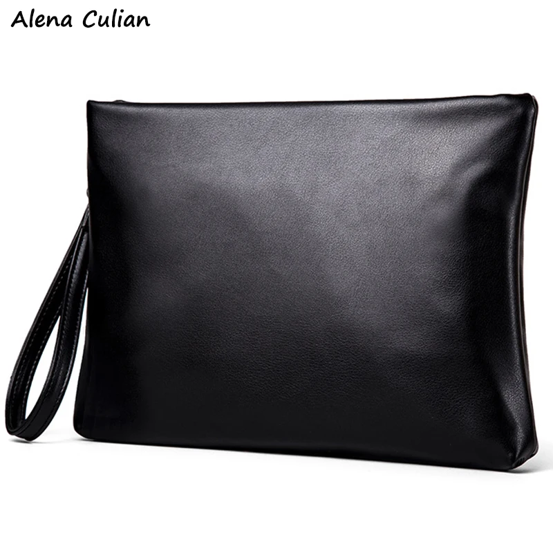 

New Arrival Solid Black Leather Men's Clutch Handbag For iPad With Wristlet High Quality Clutch Bag sac Ã main de luxe