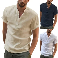 mens casual cotton linen shirts summer short sleeve linen turn down collar shirts handsome men shirts