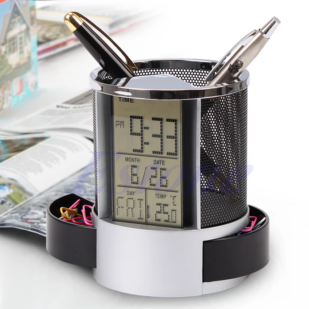 

Digital LCD Desk ALarm Clock & Mesh Rulers Pen Pencil Holder Time Temp Calendar Q1JC