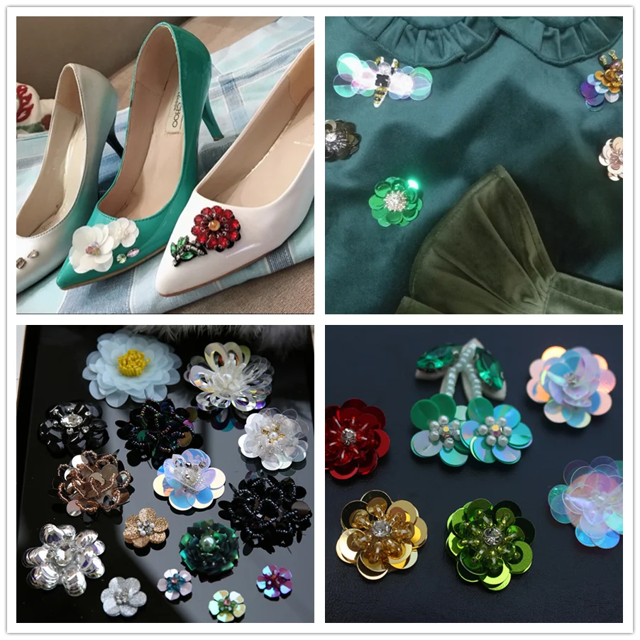 Заплатки-цветы для одежды разные цвета ручная работа 3D вышивка бисером блестками