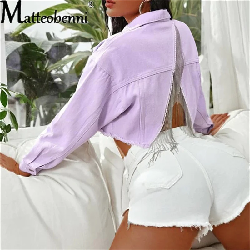 

Women Sexy Backless Cropped Denim Jackets Vintage Long Sleeve Tassels Short Jeans Coat Autumn Female Solid Casual Bomber Jackets