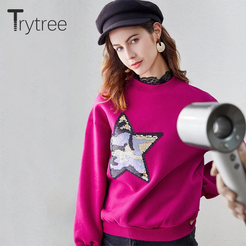Trytree осень зима Женская Толстовка повседневные кружевные разноцветные блестки звезда Мода Кружева o-образным вырезом оборки Рукав Толстовка Топы