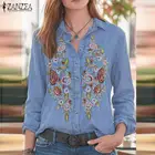 Коллекция 2022 года, осенняя джинсовая рубашка ZANZEA, модная женская Повседневная Туника с отворотом и длинным рукавом, с цветочной вышивкой, топы, блузки