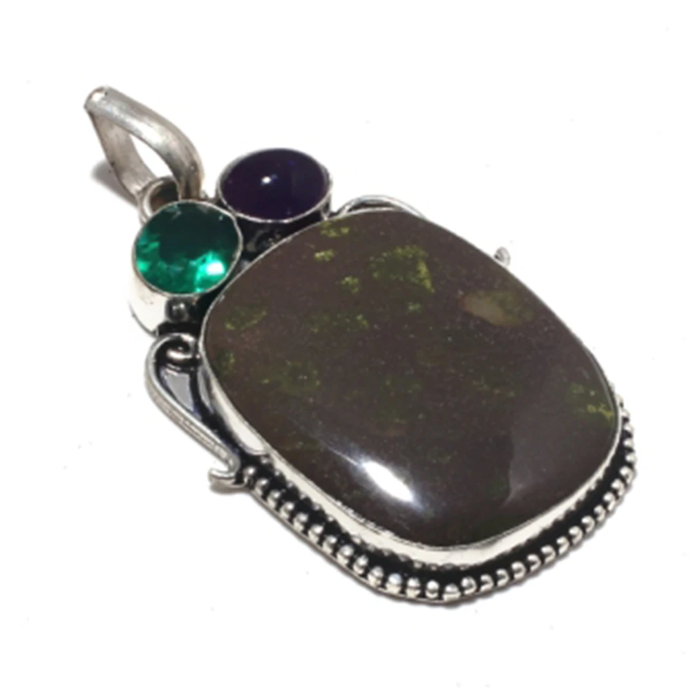 

Genuine Green Jasper + Green Quartz Pendant Silver Overlay over Copper , Hand made Women Jewelry gift , P8543