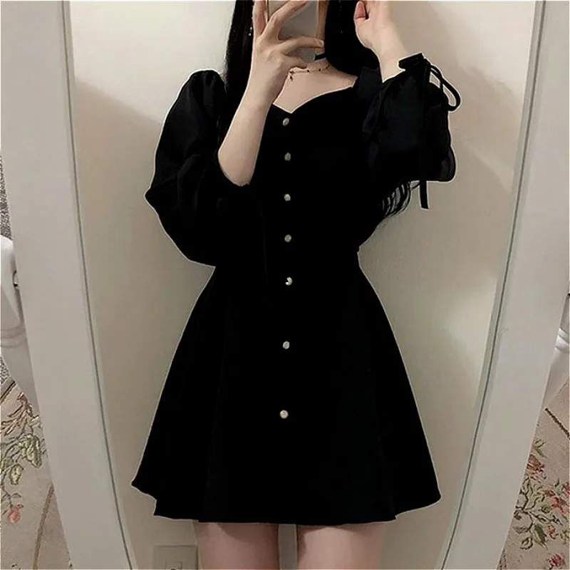 Vintage Dress Women Ulzzang Simple Black Basic Preppy Teens Vestidos Classy Retro Fashion Clothes Long Sleeve Spring New Daily | Женская