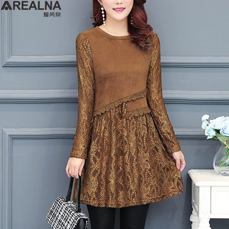 Женское кружевное мини платье с длинным рукавом черное Повседневное составного