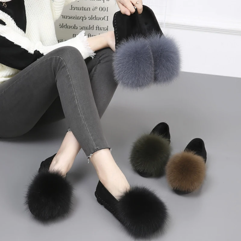 2019 Newest fox fur ball platform shoes women thick bottom moccasins flats comfort plush slip on lazy creepers furry espadrilles | Обувь
