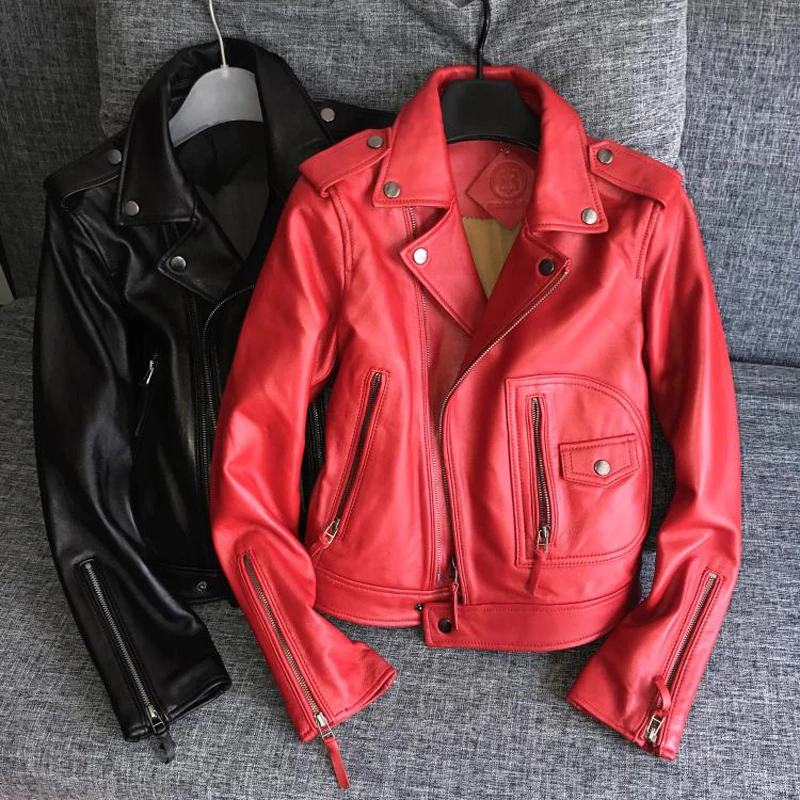 Women Automotive Genuine Leather Jacket and Coats Red and Black High Street Real Sheep Leather Jackets Ladys Fashion Streetwear