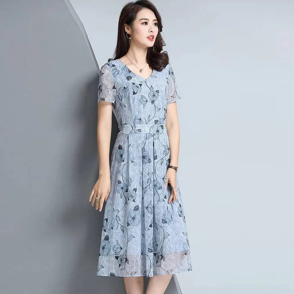 

Fashion Women Dress Summer Floral Printed V-Neck Short Sleeve A-Line Dress Ladies High Waist Evening Party Dress#35