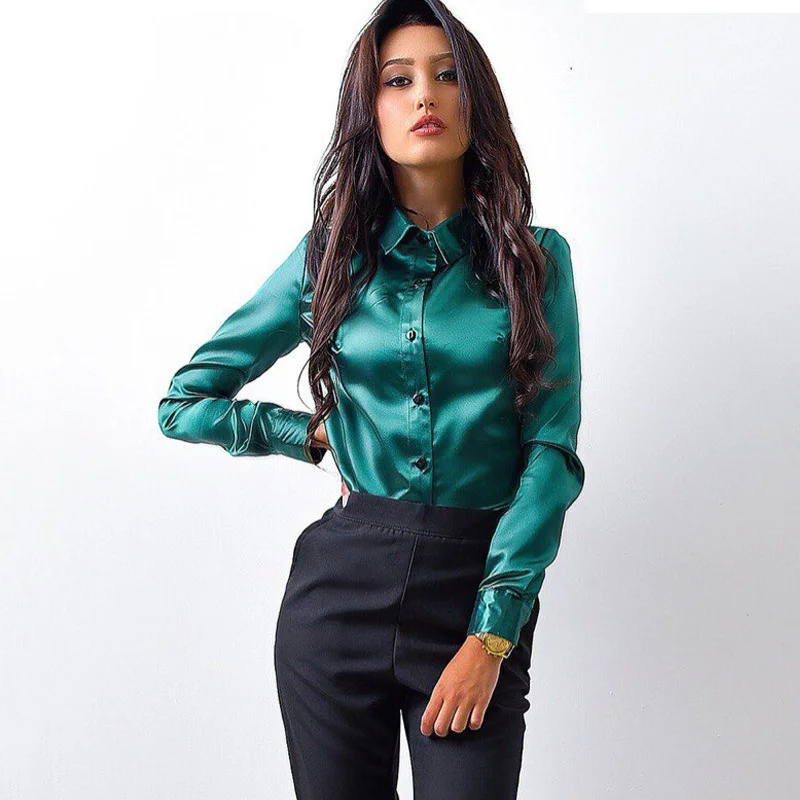 

Women Blouse Elegant Wine red Green Satin Shirt Turn Down Collar Longth Sleeve Female Formal Office OL Blouse Women Tops