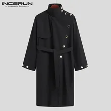 INCERUN Fashion Men Trench Solid Coats Turtleneck Long Sleeve Button Loose Irregular Long Windbreakers Men Streetwear S-5XL 2021