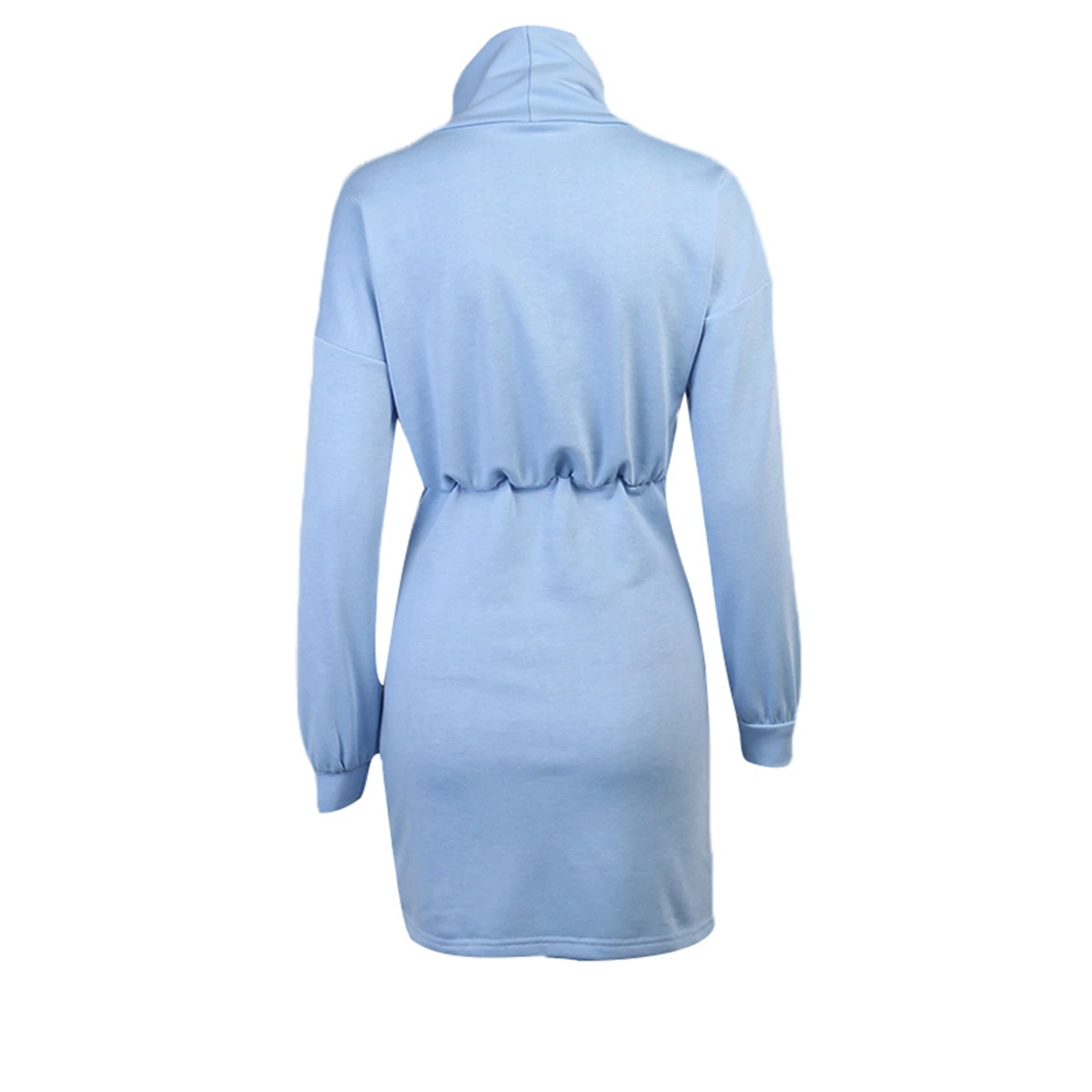 

Women Long Sleeve Turtleneck Dress, Blue Solid Color Tie-up Close-fitting One-piece, S/ M/ L