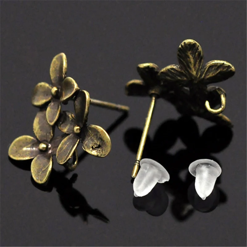 

Doreen Box Antique Bronze Flower Earring Post W/ Stoppers Loop Copper 15x14mm Stud Earring For Women Jewelry Gifts, 5 Pairs