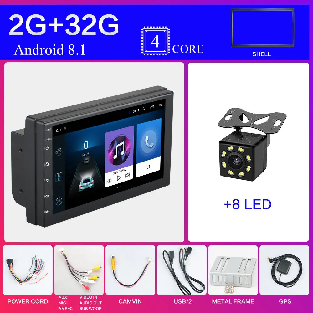 Золотой 2 Din Android 8,1 Автомагнитола стерео без DVD " 1024*600 Универсальный Автомобильный плеер gps навигация Wifi Bluetooth USB Радио аудио плеер - Цвет: Золотой