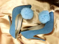 fashion woman fox fur blue denim pumps pointed toe cowboy cloth high heels fur ball dress thin heel shoes