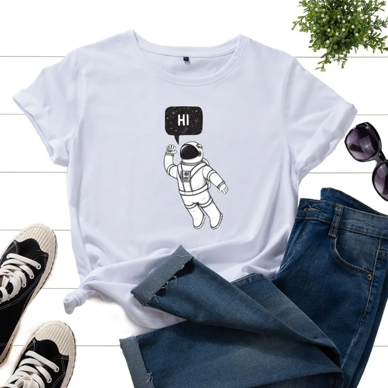 

Summer Women Short Sleeve Cotton 100% T-Shirt Astronaut Print Female Fashion Casual Clothes Ladies Regular Loose O-Neck Tee Tops