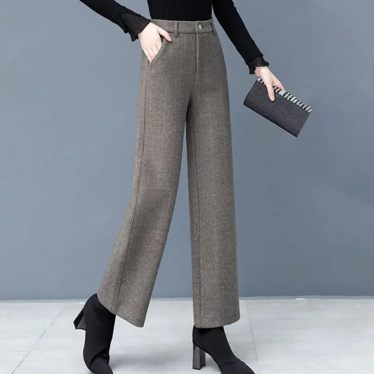

Women Wool Pants 2021 New Autumn Winter Women Solid Soft High-Waist Long Trousers Female Casual Thicken Loose Wide Leg Pants D6