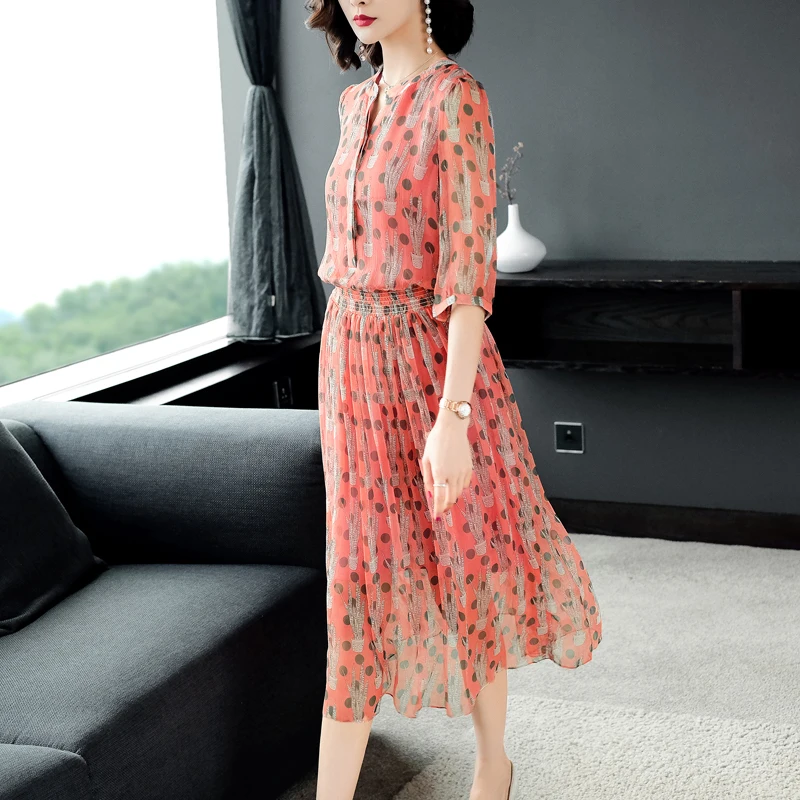 Женское Элегантное летнее платье из 100% натурального шелка черное в горошек