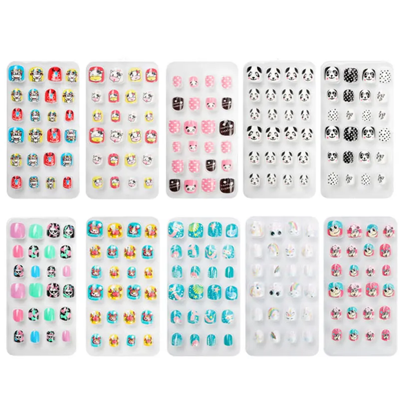

24 Pcs Children's Nails Cartoon Pattern Wearable Finish Nail Art Kids Patch Portable Children's Party Nail Decoration Tape Glue