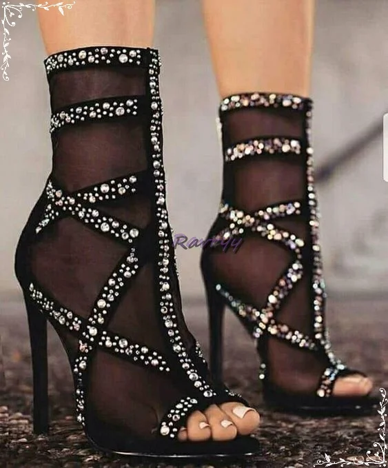 

Сандалии стразы женские на высоком каблуке-шпильке, пикантные Босоножки с открытым носком, из черной сетчатой ткани, гладиаторская обувь дл...