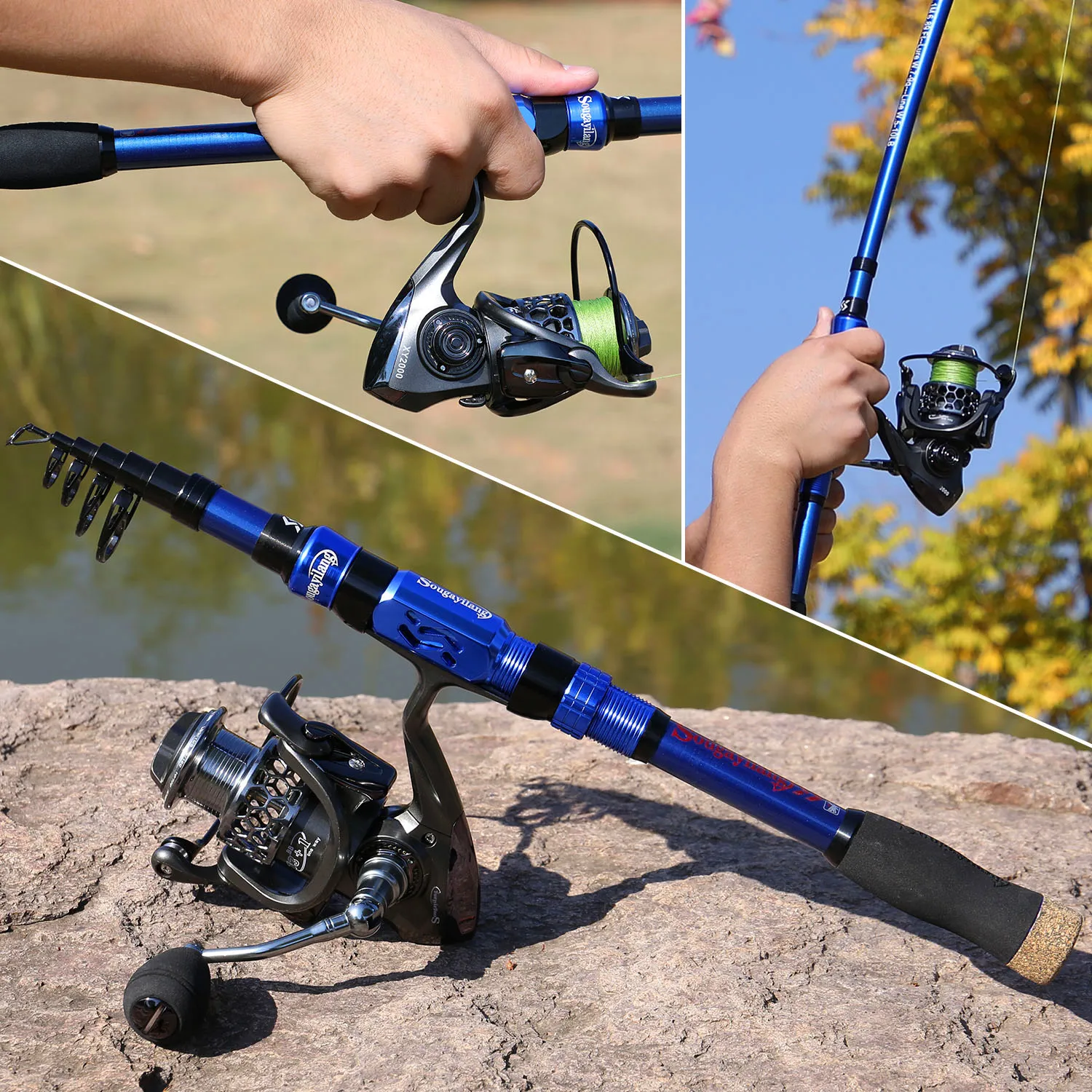 

Sougayilang Top Quality 1.8M-3.0M Fishing Rod Reel Combo Carbon Fiber Telescopic Fishing Pole and 13+1BB 5.5:1 Spinning Reel Set
