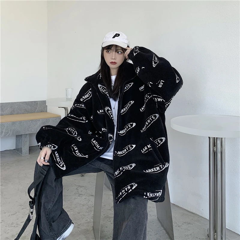 

Korean Winter Harajuku BF Style Coat Cute Letter Printing Full Sleeve Loose Jacket Lambswool Keep Warm Thicken Zipper Outerwear