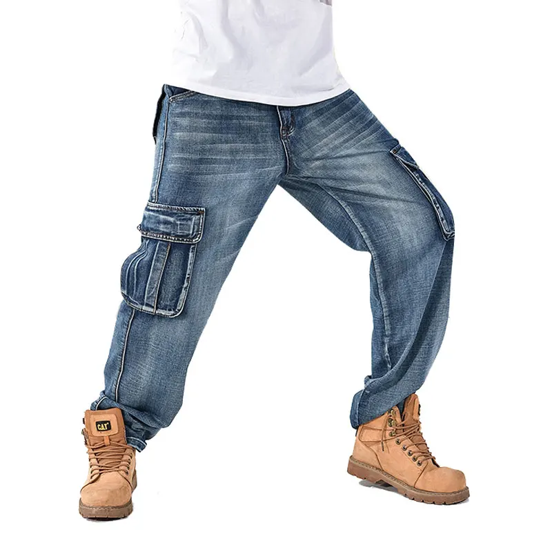 

Джинсы мужские синие с множеством карманов, уличная одежда, свободные брюки из денима в стиле хип-хоп, байкерские джинсы