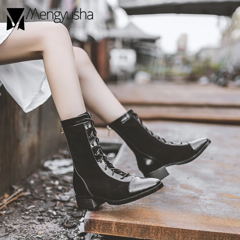 Женские мотоциклетные ботинки со шнуровкой до середины икры из искусственной