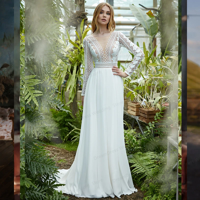 

Bohemian Wedding Dresses 2021 Long Sleeve A Line Lace Appliqued Boho Wedding Gowns Lacing Plus Size Beach Bridal Gowns Robe
