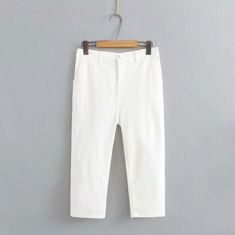

Plus Size XL-4XL White Black Women's 7/10 Slim Pants Stretchable Solid Color Elegant Female Cropped Pants