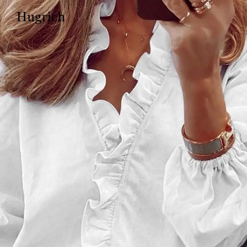 

Fashion Ruffles Women Shirt Sexy V Neck Long Sleeves Ladies Pullover Streetwear Casual Solid Color Female Blouses