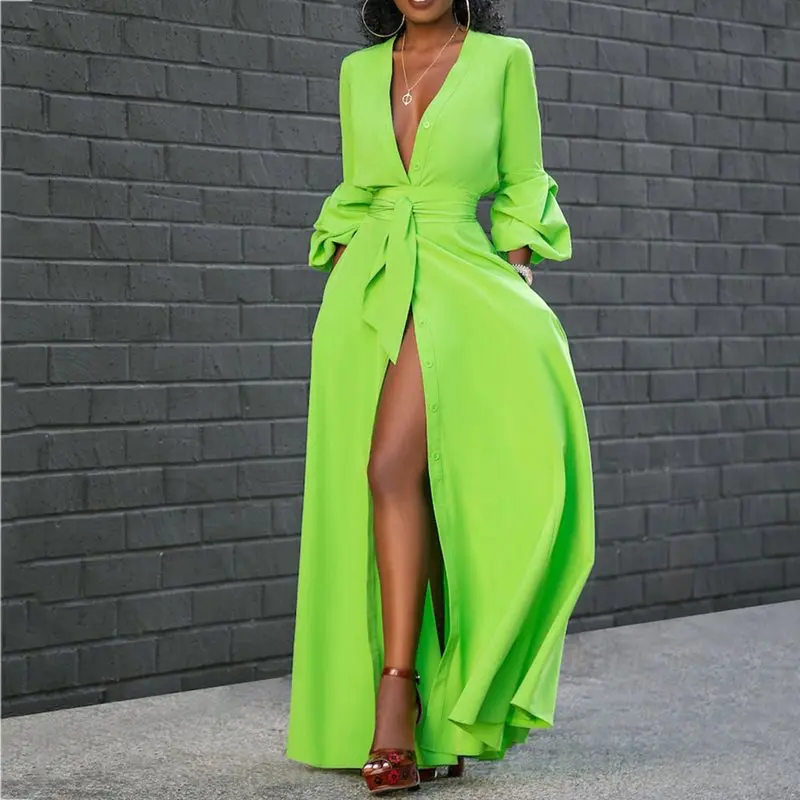 Платье в пол с разрезом и поясом рукав-фонарик простой пуловер макси платье