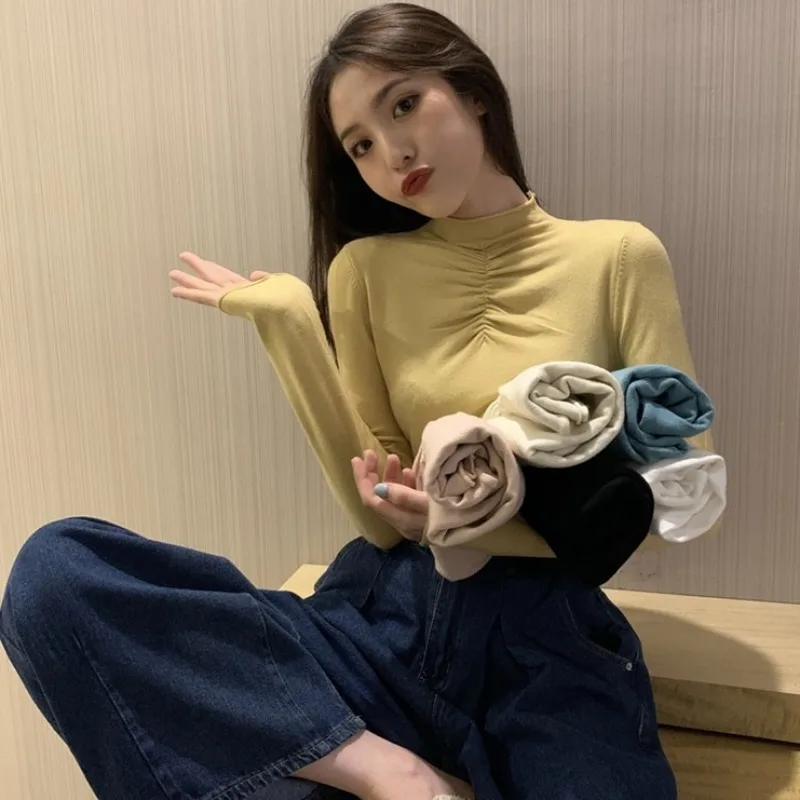 

New Korean Fashion Spring Autumn Turtleneck White Long Sleeve Knitted Sweater Top Women Slim Fit White Sweater Pullovers