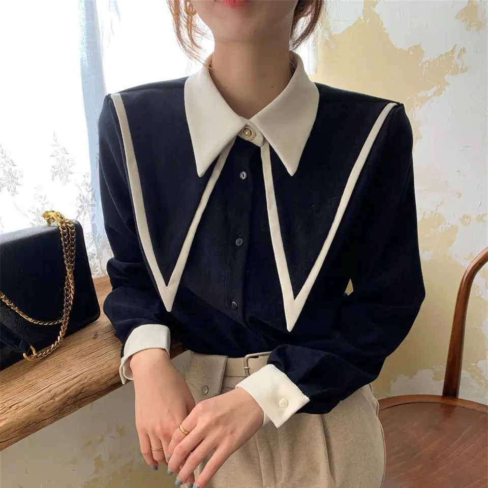 

Shirts Women Preppy Style Sweet Retro Casual Students High Street Spring Patchwork Femme Simple Korean Slim Button Chic Hot Sale