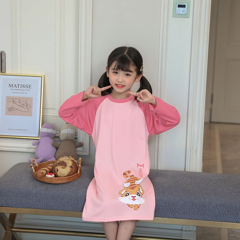 Camisones de noche para ni&ntilde;as y beb&eacute;s, Pijama de dormir de algod&oacute;n de manga larga, ropa de casa suelta, camis&oacute;n de princesa rosa, ropa de descanso-4