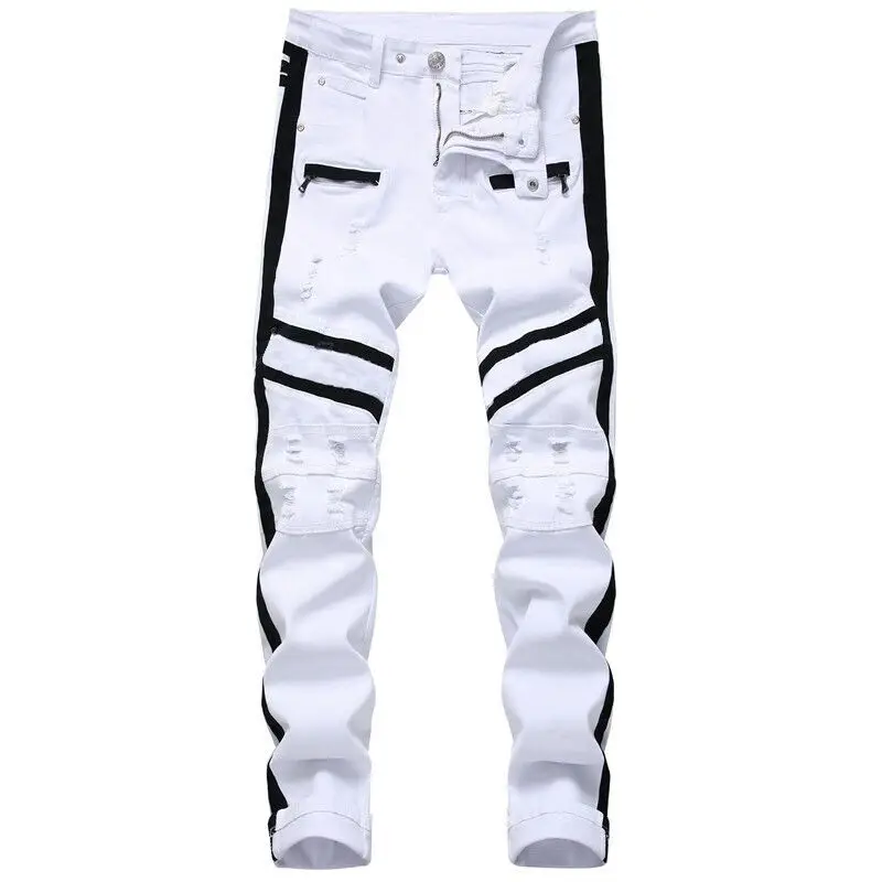 

Джинсы мужские рваные в стиле хип-хоп, рваные узкие джинсы в полоску, уличная одежда, хлопковые Джоггеры в стиле кэжуал, джинсовые брюки 55
