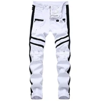 men hip hop stripe design patchwork ripped stretch slim jeans streetwear cotton male casual joggers denim trousers plus size 42